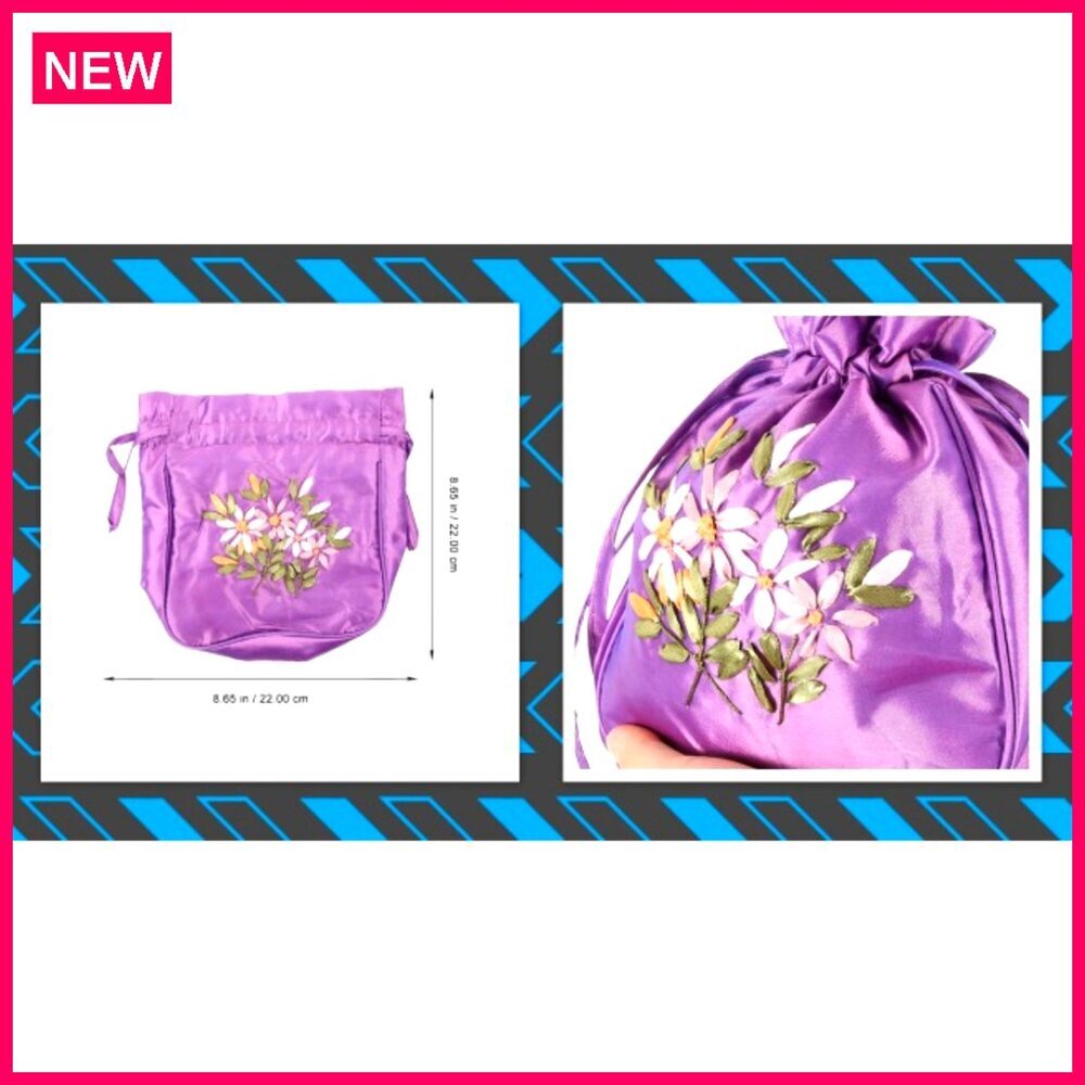 Silk Drawstring Tote Bag with Embroidery, 8.66x8.66 Inches - Picture 8 of 8